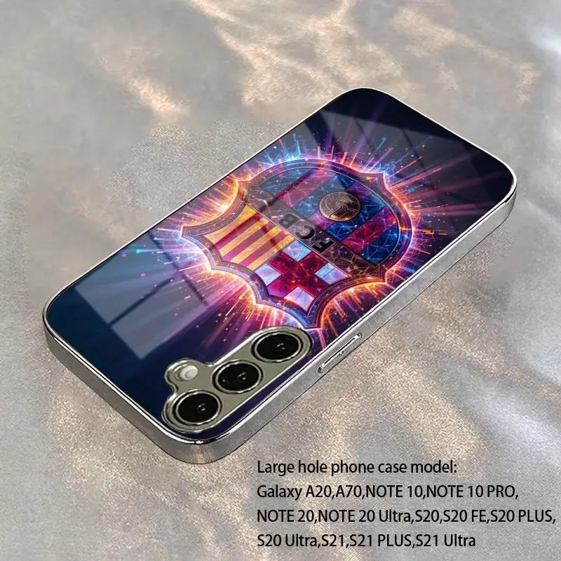 Vibrant Barcelona Crest Pattern New Electroplated Glass Case Suitable for Samsung S25 S24 S23 S22 ULTRA FE Plus And iPhone 11 12 13 14 15 16 Pro Max Plus 17 Air Series,With anti-fouling/anti-vibration protective cover