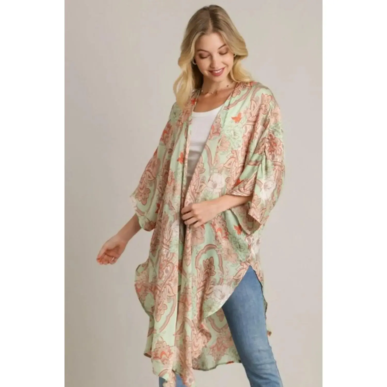 Umgee Full Size Mixed Print Open Front Kimono with Ruffle Sleeves Plus Size