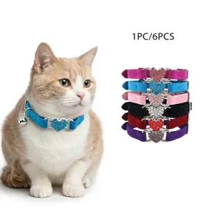 Pet Collar Necklace Set, Rhinestone Heart Ring Bell Design, Colorful Velvet Fabric, Suitable for Small Medium Pets Dogs Cats Daily Wear