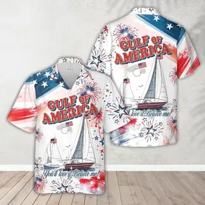 American Flag Sailboat & Fireworks Hawaiian Shirt, Gulf Of America 4th Of July Summer Button Down Shirt, Tropical Aloha Shirt, Gift for Him or Her