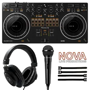 Pioneer DJ DDJ-REV1 Controller for Serato DJ Lite BUNDLE with Mackie MC100 Headphones and Audio Technica Dynamic Microphone
