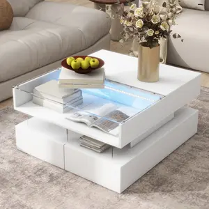 Lift-Top Coffee Table with 2 Drawers, Modern Square Coffee Table with Glass Top and High-Gloss Finish, Hidden Space and LED Lights for Living Room+ Large Storage Drawers,Work, Dining & Storage All in One