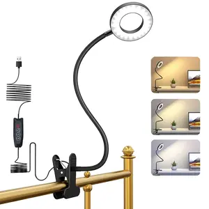 Clip on Desk Lamp LED Reading light Dimmable USB Small Clamp Lamp with 3 Color Modes 10 Brightness, Adjustable Flexible Gooseneck Table Light for Bed Headboard, Nail, Home Office,Computer