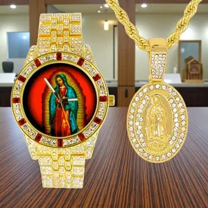 MEN'S ICED GOLD PLATED OUR LADY GUADALUPE DIAL METAL WATCH & HIP HOP OVAL NECKLACE GIFT SET FASHION