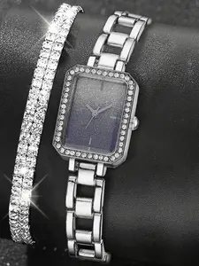 2-piece set of fashionable ladies' watches: minimalist full-sky star bracelet watch, gradient color student quartz watch with cubic zirconia square watch set