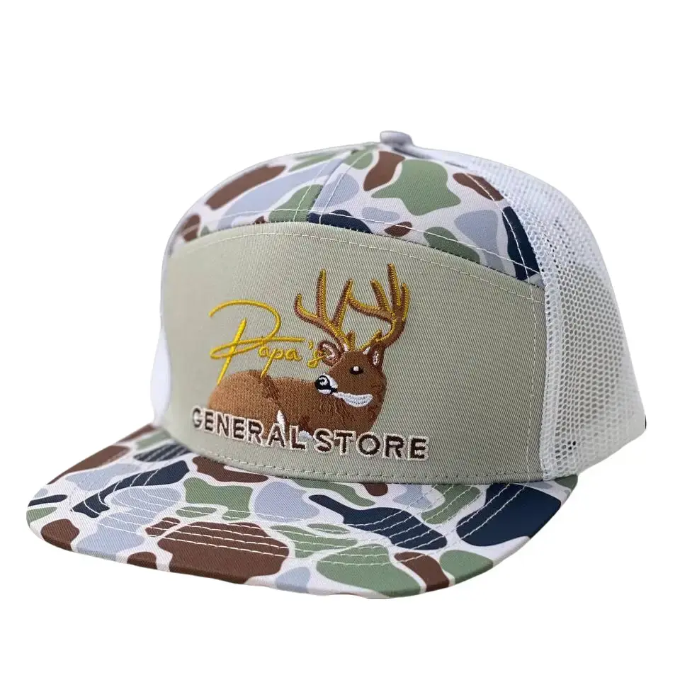 Papa General Store Whitetail Deer Embroidered Hat Camo White Mesh Trucker Cap Hunting Buck 7 Panel Flat Bill Snapback Hat Vintage Camouflage Baseball Cap For Men Women Father Gift