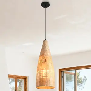 9" Vivian Boho Handwoven Bamboo Pendant Light, Adjustable Farmhouse Ceiling Lamp for Kitchen Island Dining Room Bedroom