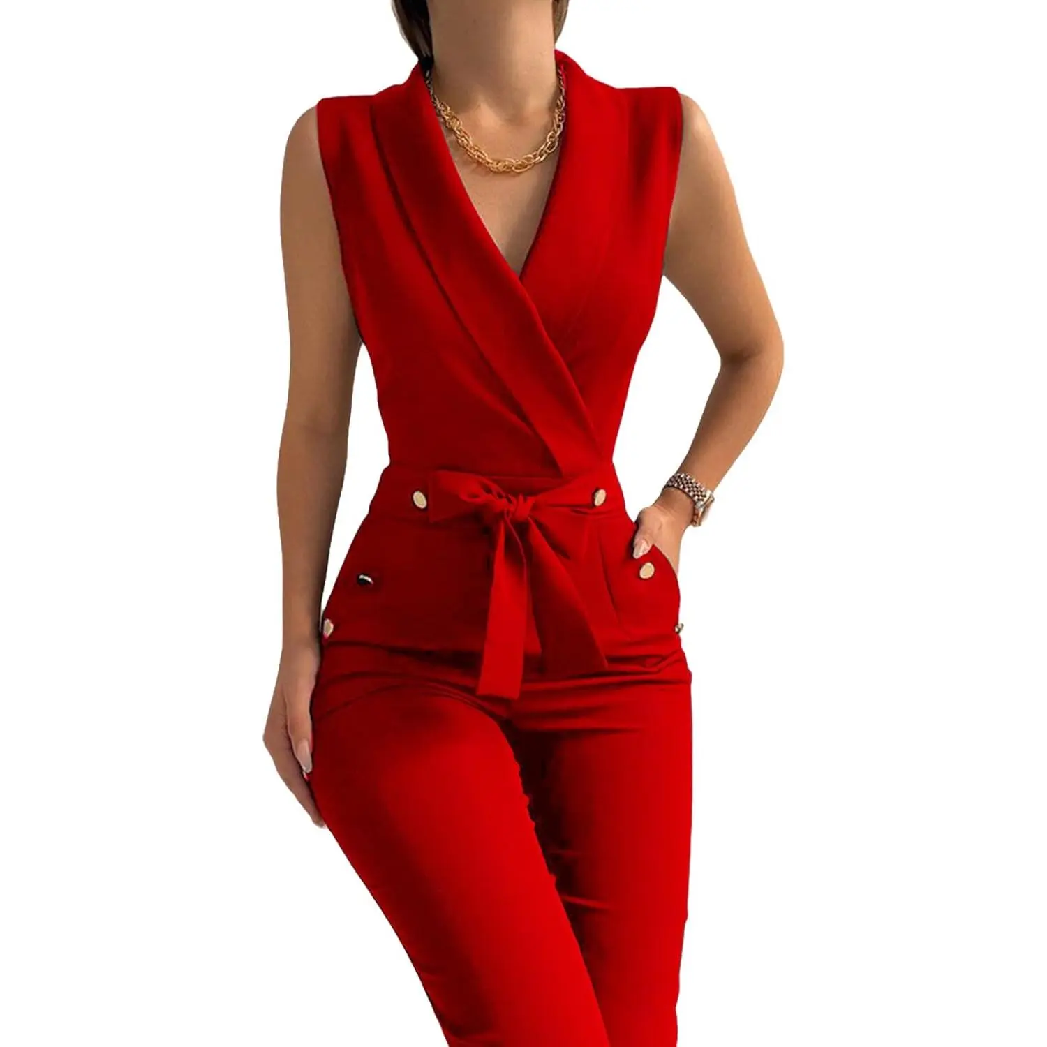 Women's Elegant Jumpsuits V Neck Sleeveless Straight Belted Long Pants Business Suits with Pockets