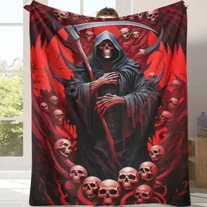 Grim Reaper Flannel Blanket, Skull Print Throw for Kids Bed Sofa, Ultra Soft Warm Lightweight Blanket for Halloween Gothic Decor, Horror Movie Fans Gift