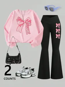 Women's Leopard Bow Graphic Long Sleeve Sweatshirt Set, Bell Bottom Flared Pants, Casual Fitted for Spring/autumn/winter