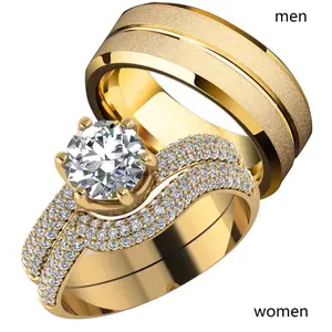 Ringcrown Couple Rings Matching Ring Round Cut 1.5ct CZ Yellow Golden Plated 2pcs Women Wedding Ring Sets For Him And Her Men Titanium Steel Wedding Band