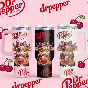 [Made In US]40oz insulated mug Dr Pepper soda print, leopard highland cow cute cartoon design, aesthetic thermal mug, double wall vacuum stainless steel, straw lid with handle,