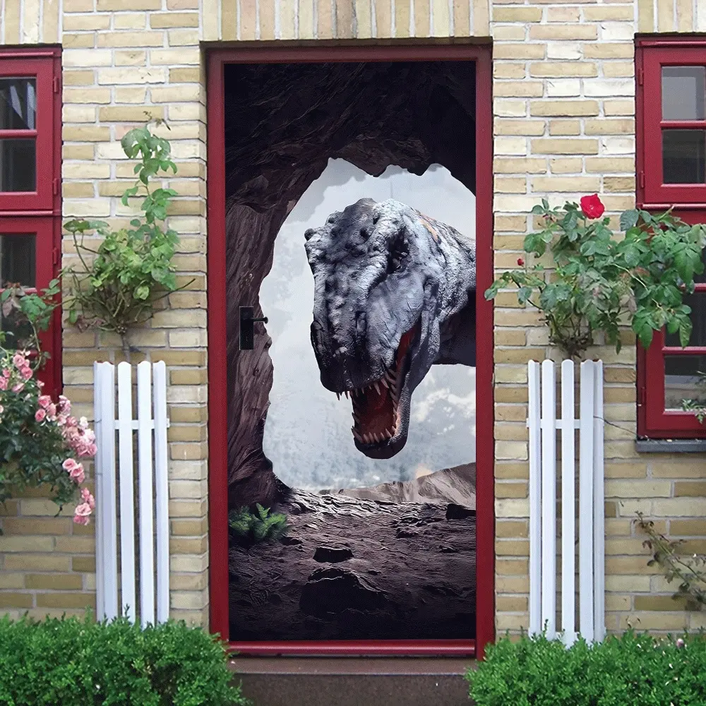 2pcs Dinosaur Cave Door Sticker Creative Jurassic Theme Home Decoration Self Adhesive Removable Eco Friendly PVC Material Kids Room Bedroom Wall Art Living Room Collage Self-Adhesive Door Sticker