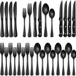 24-Piece Black Silverware Set with Steak Knives, Black Flatware Set for 4, Food-Grade Stainless Steel Tableware Cutlery Set, Mirror Finished Utensil Sets for Home Restaurant