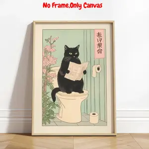 Vintage Cat & Toilet Pattern Unframed Painting, 1 Count Funny Animal Pattern Wall Art, Bathroom Wall Art, Wall Decor for Home Living Room Bedroom Study Room, Ornaments
