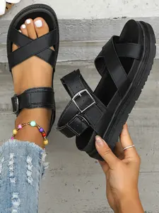 Women's Punk Style Double Buckle Sandals, PU Leather Upper, Rubber Sole, Casual Beach Shoes, Cross Strap Thick Bottom, Large Size Available