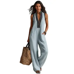 Women's minimalist sleeveless jumpsuit with a zipper and stand-up collar featuring embroidery; women's fashionable street-style dress; loose-fitting, figure-flattering women's clothing Womenswear Overalls Rompers