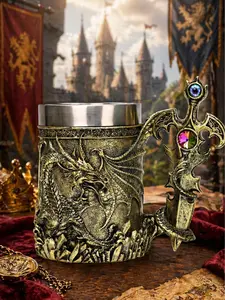 The Armored Kingdom Gold Sentinel Dragon Steel Mug - 17oz Stainless Steel Tumbler with Insert, Fantasy Regal Elemental Fire Washable Cup, Free Royal Gifts, Ancient Reusable Drinkware