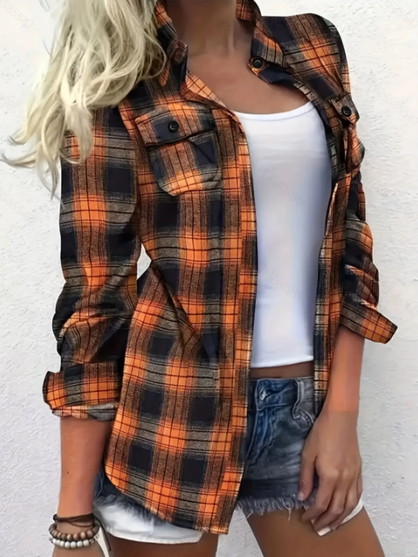 Women's Plaid Woven Long Sleeve Button Front Fitted Shirt, Casual Elegance Style Fashion Top for Spring & Fall, Stylish Ladies' Clothing for Daily Wear Casual Everyday Top Womenswear