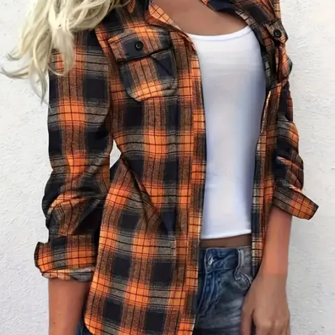 Women's Plaid Long Sleeve Button Front Shirt, Casual Fashion Top for Spring & Fall, Stylish Ladies' Clothing for Daily Wear, Casual Plaid Blouse