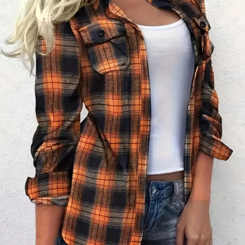 Women's Plaid Long Sleeve Button Front Shirt, Casual Fashion Top for Spring & Fall, Stylish Ladies' Clothing for Daily Wear, Casual Plaid Blouse