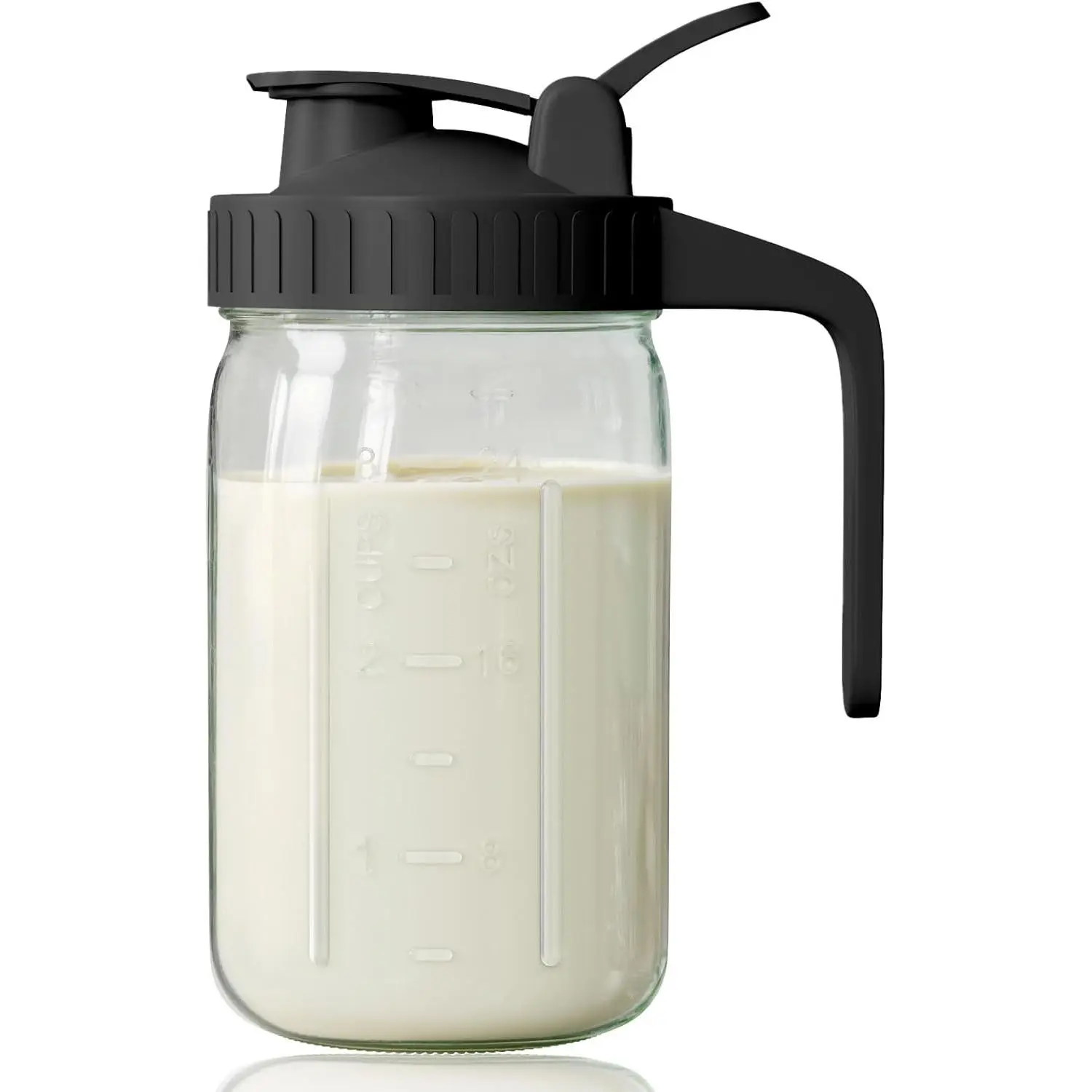 Breast Milk Pitcher, Mason Jar 32 oz, Wide Mouth Jar with Green Flip Cap Lid and Pour Spout, Heavy Duty Airtight Seal for Freshness and Convenience,  for Cold Beverages and  Entertaining