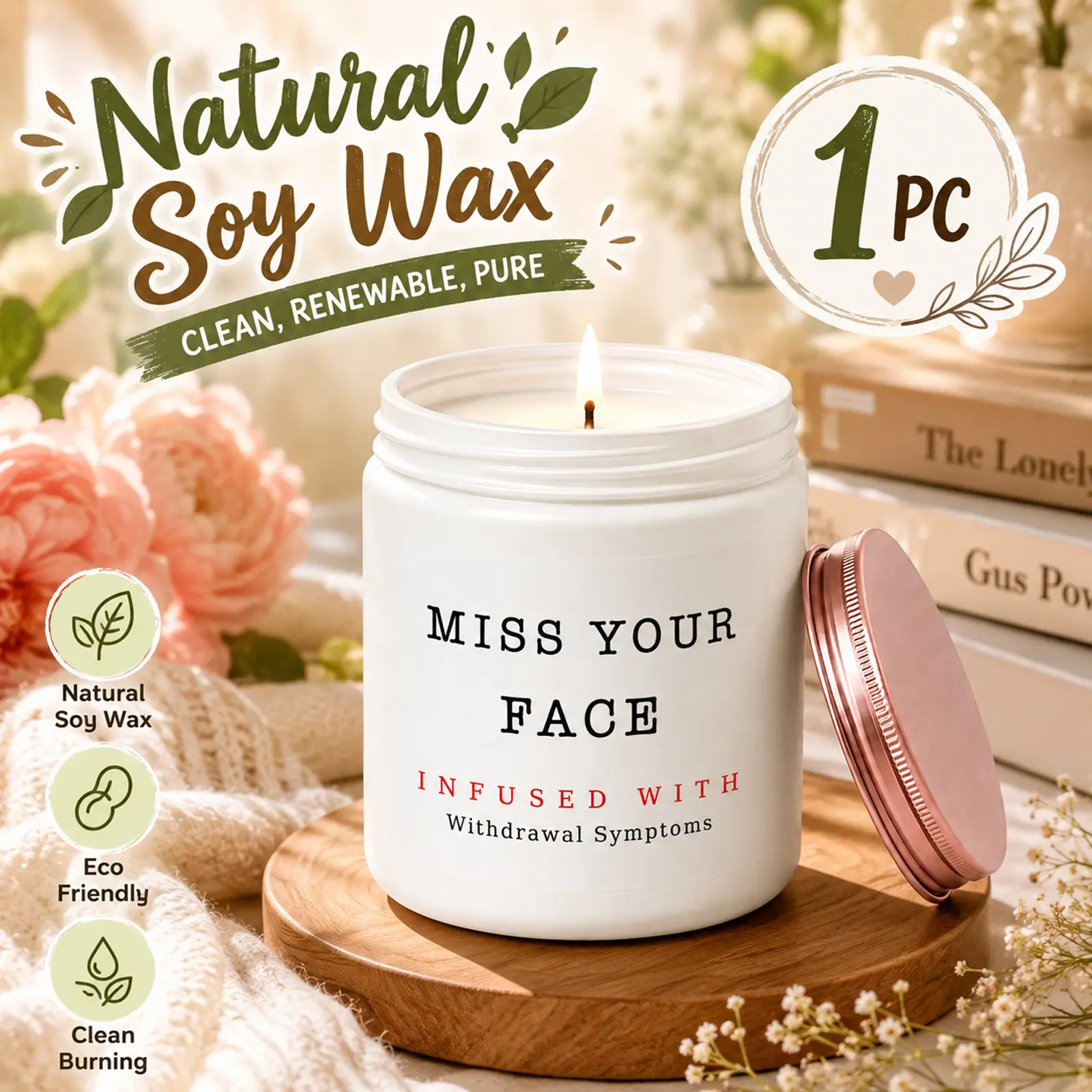 1Pc Cozy Handmade Soy Candle - Miss Your Face Scent, 7oz/200g Natural Soy Wax, Wick-Infused, Hand-Poured Home Fragrance, Long-Distance Gift For Friends, Birthday/Christmas Thinking Of You Present