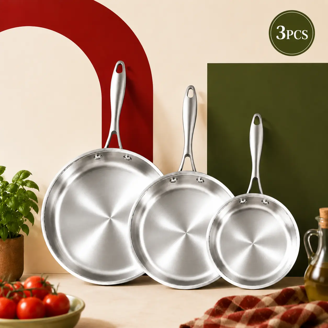 3PCS Stainless Steel Frying Pans Set, Kitchen Cookware with Thermal Fast Even Heating & Heavy-Duty Construction, Dishwasher & Oven Safe, Compatible with Gas & Induction Cookers, Long-Lasting Use for Everyday Cooking & Thoughtful Holiday Gift