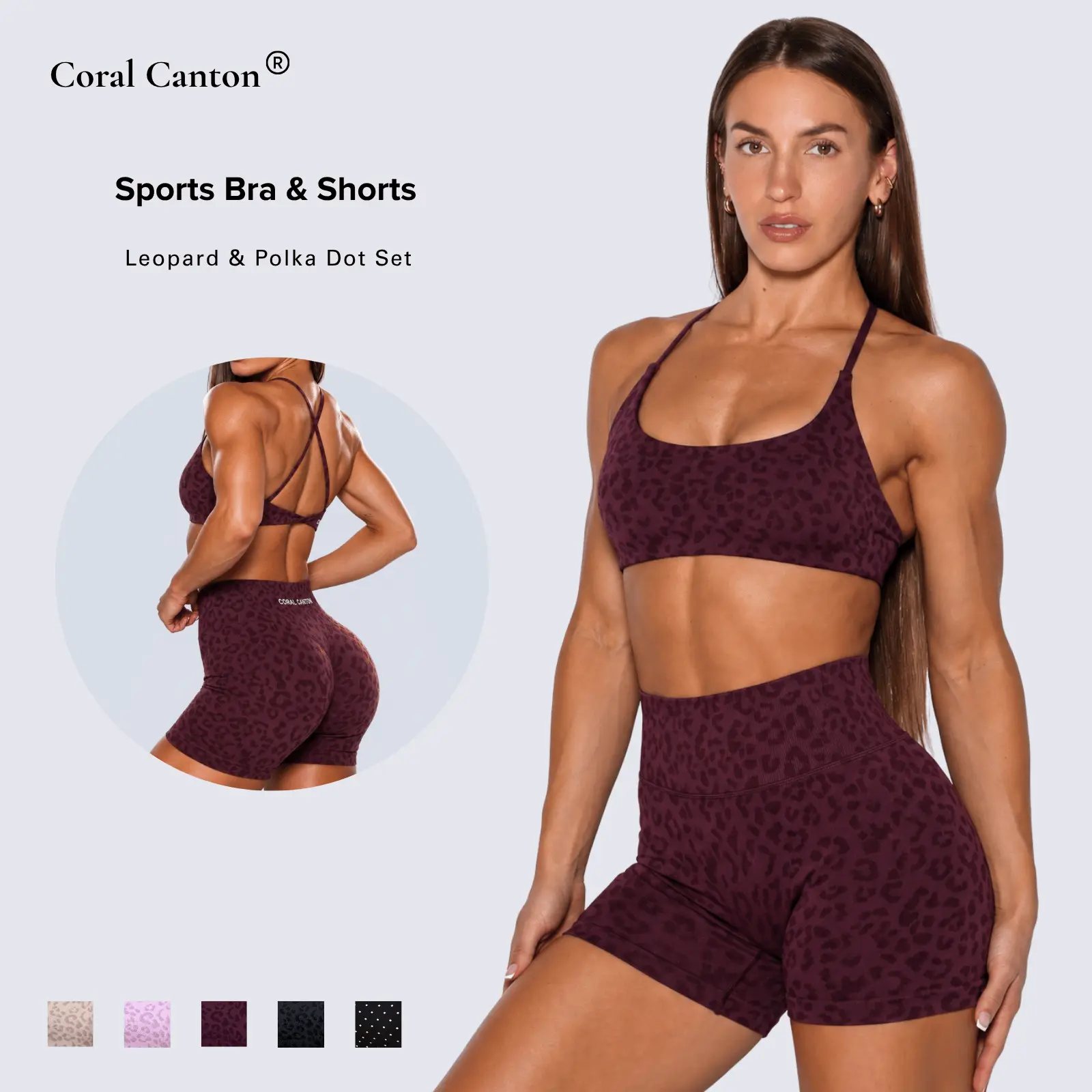 Coral Canton Seamless Leopard & Polka Dot, Sports Bra & Shorts Set SohoChic