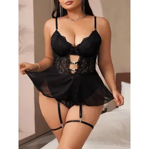 Women's Plus Size 4-Piece Sexy Polyester Mesh & Lace Patchwork Teddy Lingerie Set - Spaghetti Strap Underwire Bra Bodysuit with Thong, Classic Burgundy Party Nightdress