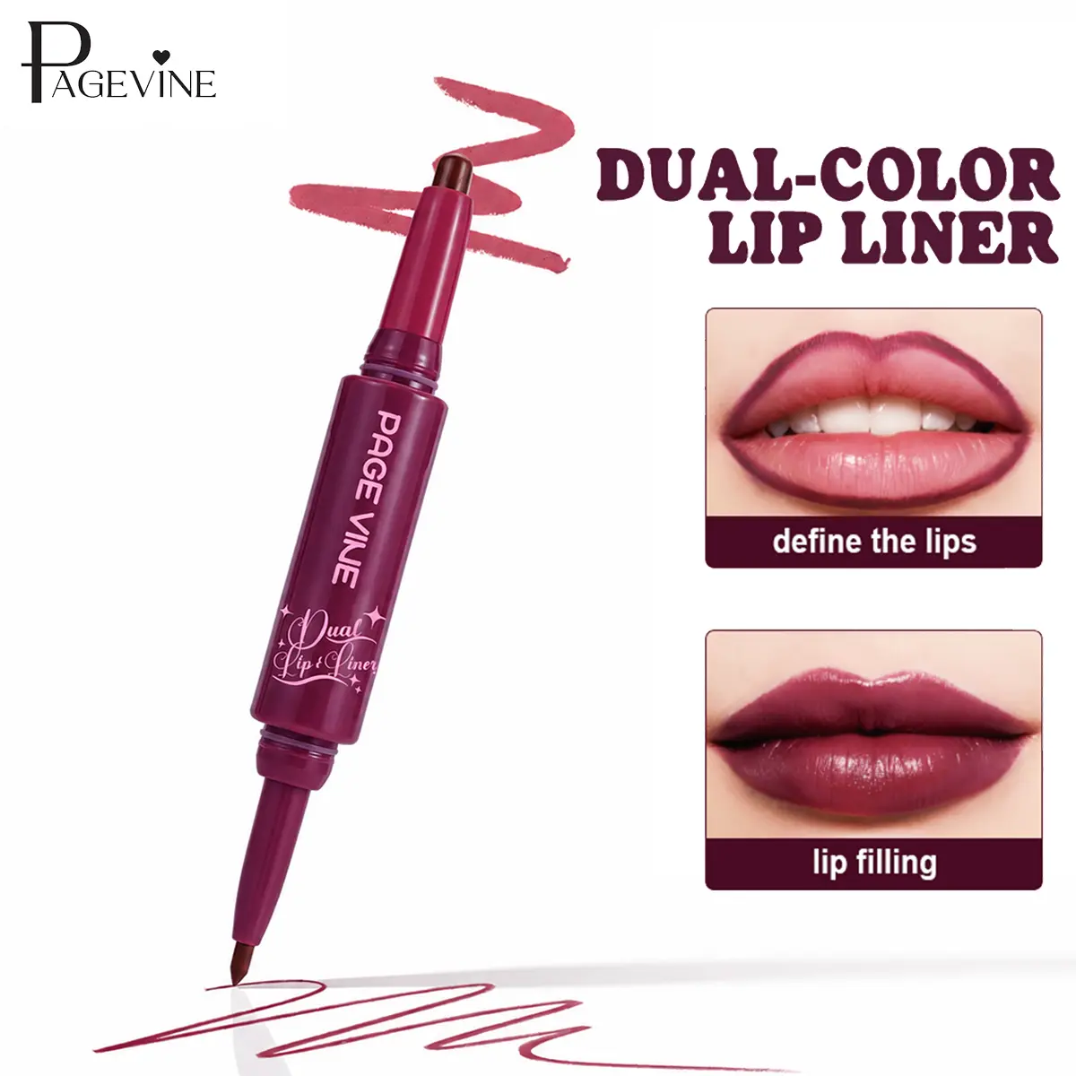 2-in-1 Dual Ended Lip Liner Pencil & Lip Crayon, Precision Lip Contour Liner with Rounded Color Stick, Long Lasting Lip Makeup for Lining, Shaping, Filling & Blending.