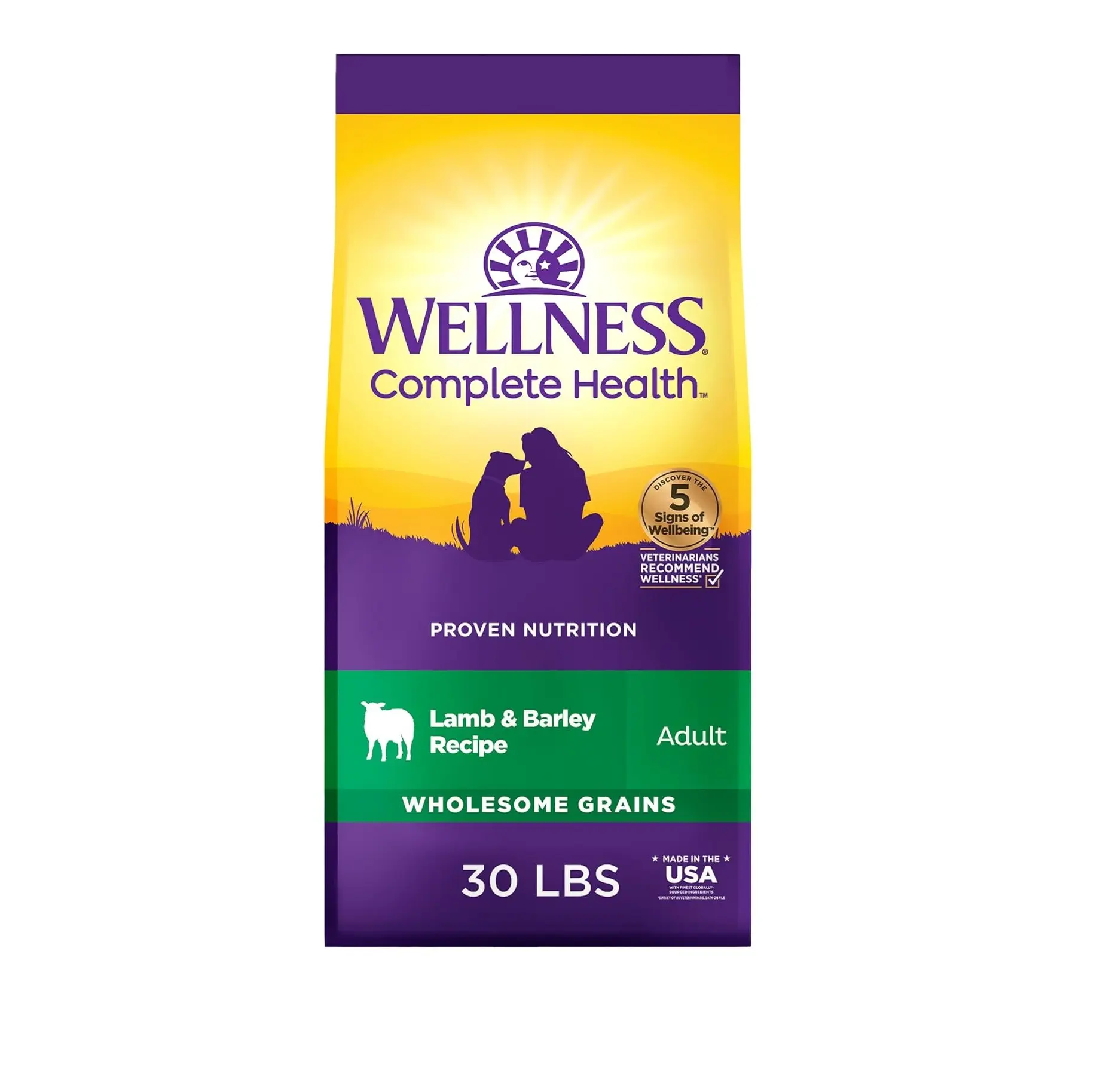 Wellness Complete Health Dry Dog Food with Grains, Made in USA with Real Meat & Natural Ingredients, All Breeds, Adult Dogs (Lamb & Barley, 30-lb) – With Nutrients for Immune, Skin, & Coat Support,