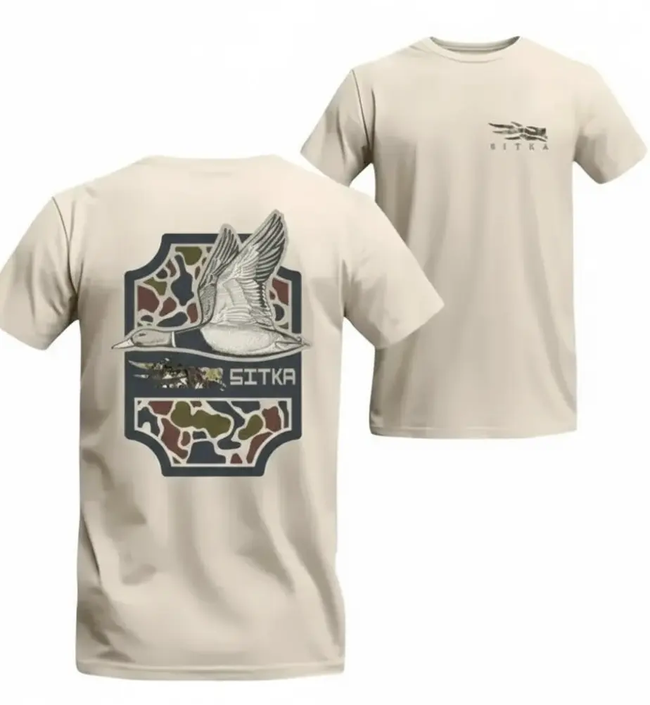 Sitka Duck Camo T-Shirt, Flying Duck Back Graphic, Outdoor Waterfowl Style, Hunting Season Ready, Father's Day Gift, Casual Streetwear Top for Men & Women