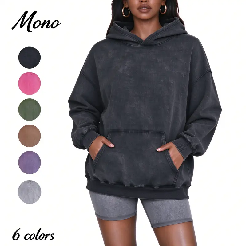 Women's 2-Pcs Acid Wash Oversized Cotton Hoodie - Long Sleeves, Kangaroo Pocket, Comfy Baggy Unisex Vintage Fall Clothes for Everyday Gym Wear