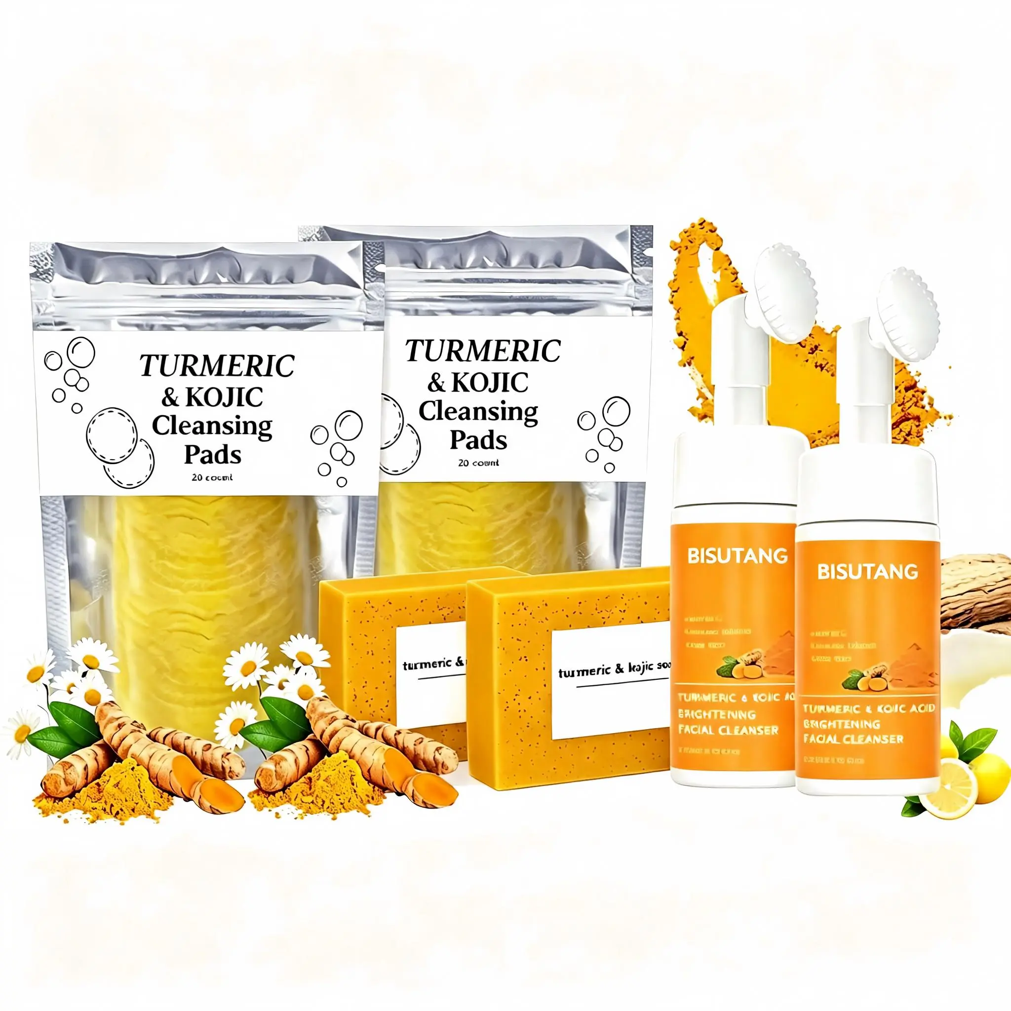6-Piece Turmeric Skincare Set (includes 2 turmeric soaps, 2 cleansing mousses, and 2 cleansing cloths). This high-value bundle offers nourishing deep cleansing suitable for all skin types, delivering a fresh, clean experience as part of your daily routine
