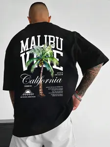 Unisex Men's Letter & Palm Tree Print Drop Shoulder Tee, Fitted Casual Streetwear Soft Comfy Stretch Jersey Round Neck Half Sleeve T-shirt for Summer, Fashion Men's Top for Daily Wear