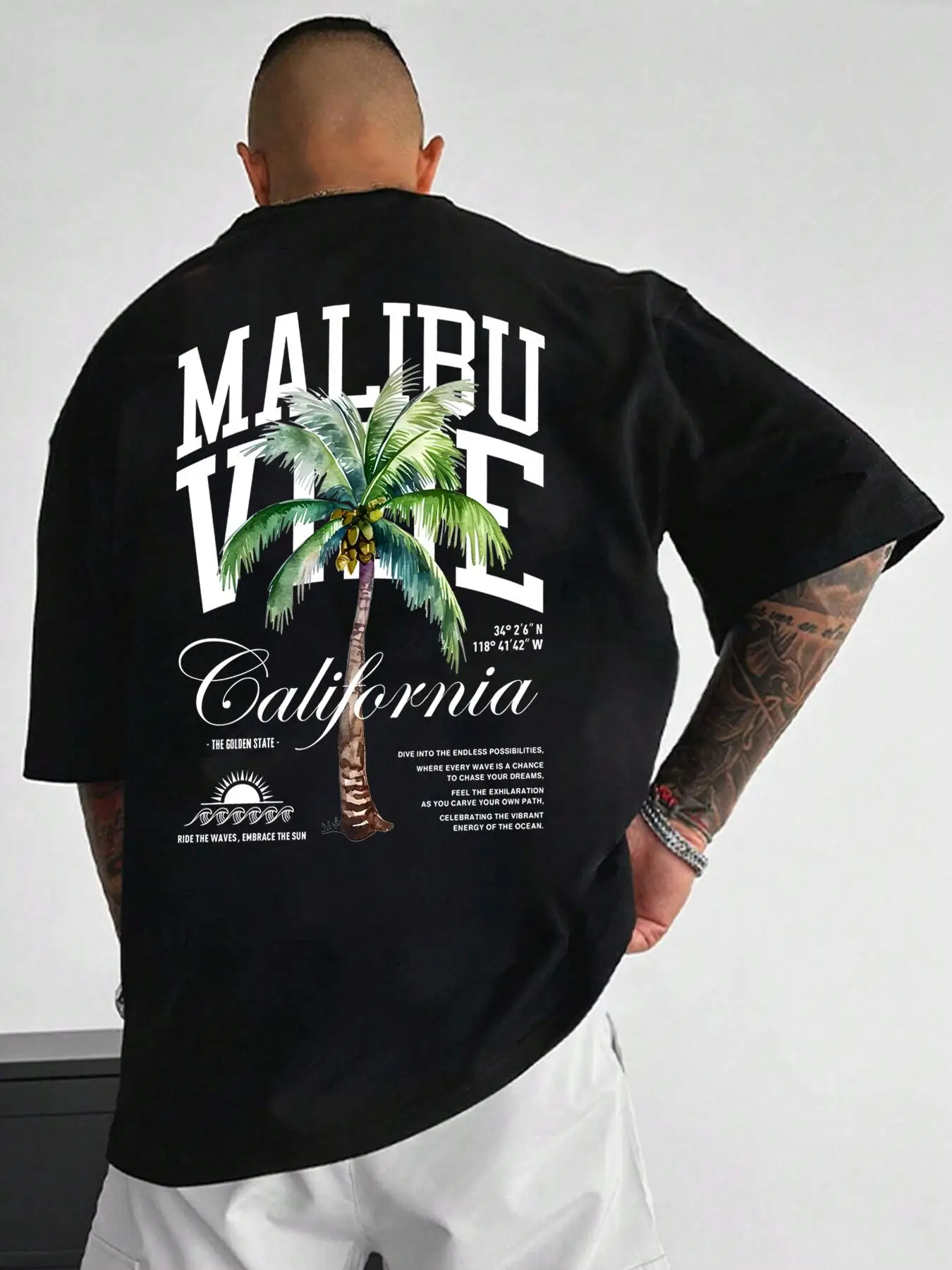 Unisex Men's Letter & Palm Tree Print Drop Shoulder Tee, Regular Fit Casual Soft Comfy Round Neck Half Sleeve T-shirt for Summer, Fashion Men's Top fo