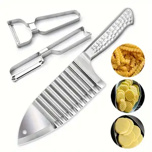 3PC potato knife vegetable and fruit peelerStainless Steel Waves French Fries Slicer Handheld Chipper Chopper, Vegetable Salad Chopping Knife Home Kitchen Wavy Blade Cutting Tool French fries  auxiliary  magic tool