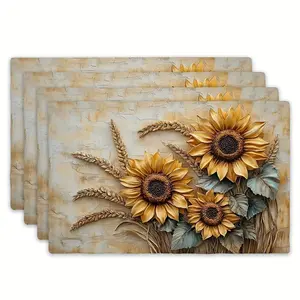 1pc/4pcs/6pcs Vintage Sunflower & Wheat Pattern Placemats - Rustic Natural Style, Woven Polyester, Machine Washable - 12x18 Inches - Perfect for Dining Table, Kitchen & Home Decor - Ideal Gift with a Pastoral Touch, Wheat Ears