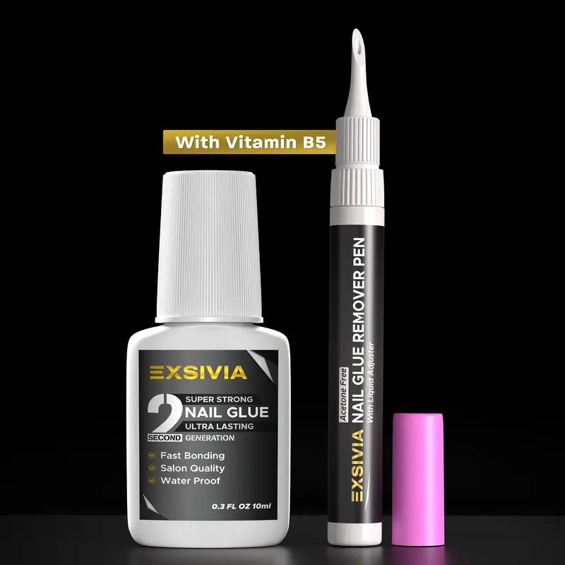 EXSIVIA Super Strong Nail Glue 10ml + Acetone-Free Nail Glue Remover 10ml Refillable Pen, Fast Bond Waterproof Long Lasting Glue for Press On & False Nails