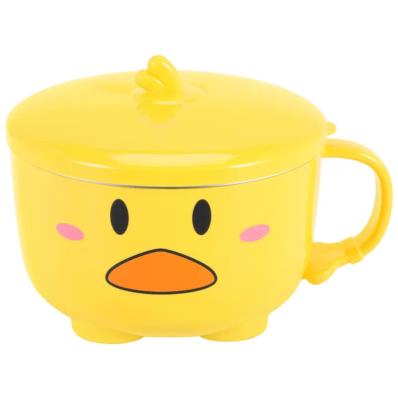 830ml 304 Stainless Steel Cartoon Duck Insulated Noodle Bowl with Lid & Handle - Rust Resistant, Heat Preservation, Dishwasher Safe, Microwave Safe Dinnerware for Office & Outdoor Use, 13.7x9cm Ergonomic Portable Casual Tableware