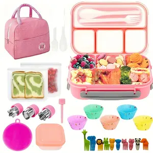A Set of 27 Pieces Lunch Box, Thermal Bag, Envelope Bag, Vegetable Bento Box, 4 Compartment Bento Box Container with Interesting Accessories, Thick Silicone Food Cake Cup, Easy to Clean, Suitable for Camping Picnic and Beach, Household Kitchen Supplies