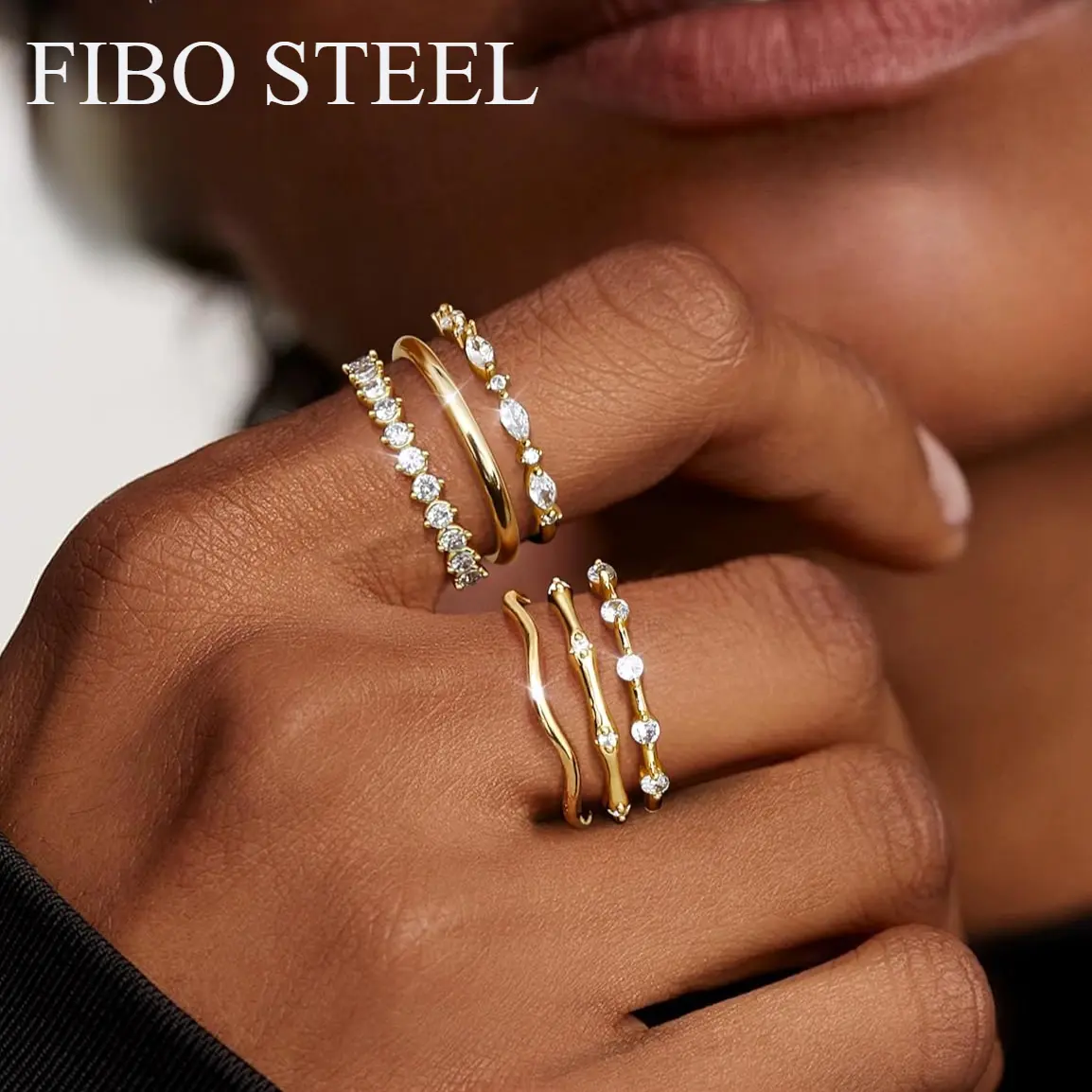 6 Pcs 14K Gold Plated Stacking Rings Set for Women Dainty Cubic Zirconia Eternity Band & Vintage Wave Ring Set Hypoallergenic Non Tarnish Aesthetic Finger Jewelry for Wedding Promise Travel Size 5-10