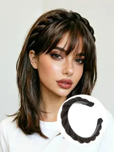 Women's Braided Headband Wig, 14-Inch Synthetic Fiber Headband Braid with Non-Slip Comb, Fashionable Double-Strand Design, High Quality & Easy to Wear, Perfect for Parties, Festivals, and Halloween (Black-Brown)