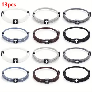 13pcs Braided Cross Bracelet For Men Women Christian Adjustable Rope Jesus Bracelets With Metal Knot Christian Baptism Gifts