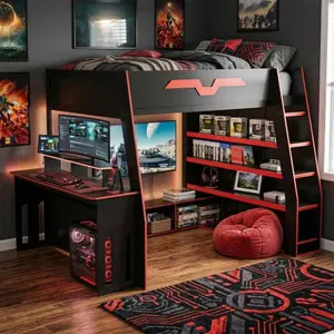 Full Size Gaming Loft Bed with Desk, Esports Wood Loft Bed Frame with RGB LED Lights & USB Ports, Storage Bookshelves, Under Bed Space for Teens Gamers, Red Black