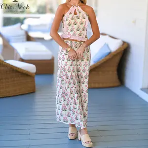 Women's 2 Piece Skirt Outfits Halter Neck Ruffle Trim Tops Long Flowy Skirt Set