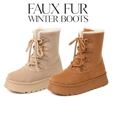 CYNLLIO Snow Boots for Women Ankle Round Toe Platform Heel Lace up Warm Faux Fur Winter Boot Slip on Fleece Lined  Winter Shoes for Women