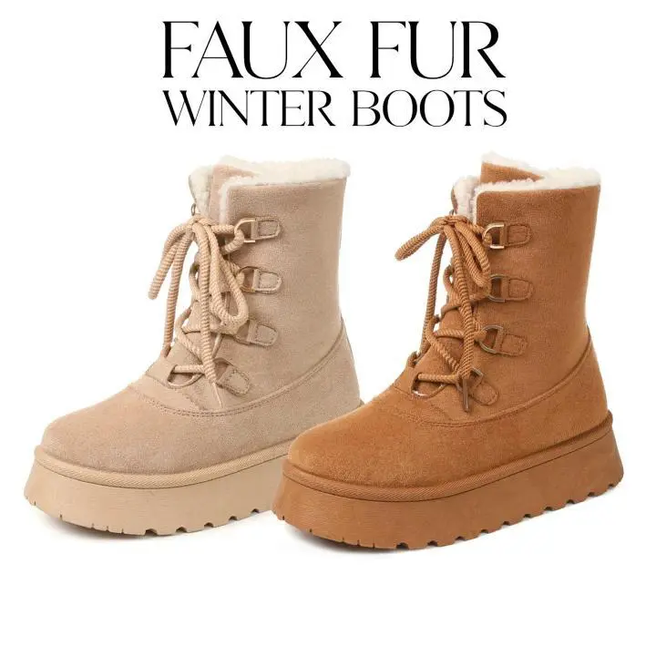 CYNLLIO Snow Boots for Women Ankle Round Toe Platform Heel Lace up Warm Faux Fur Winter Boot Slip on Fleece Lined Winter Shoes for Women