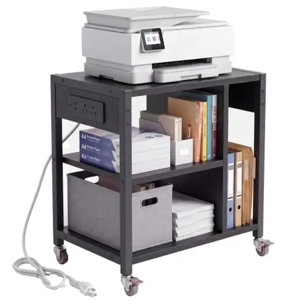 Gaomon 3-Tier Height Steel Industrial Look Printer Stand Organiser with Power Outlet, Heavy Duty Rolling Cart, Divided Storage Shelf, Wheels, Adjustable Feet for Home Office (200 lbs, 17x18 in)